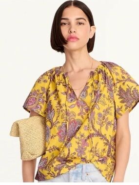 J. Crew Yellow Paisley V-Neck Short Sleeve Top